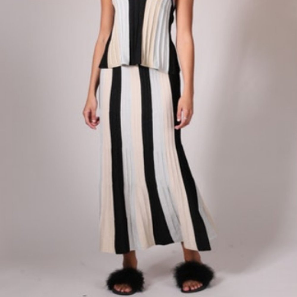 Central Park West Black Striped Pleated Metallic Emilia Skirt Size S